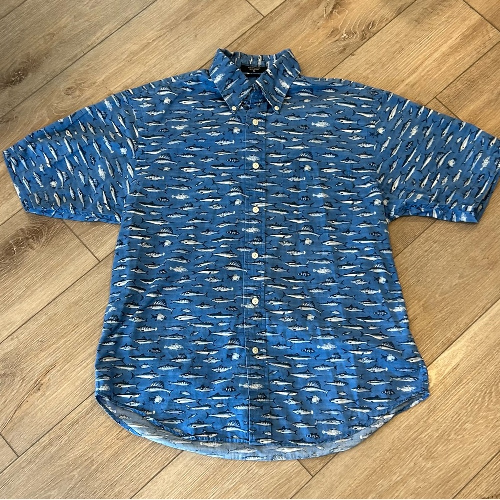 Nautica Blue Short Sleeve Button-Down Shirt with Fish Print
